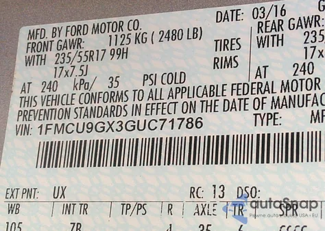 2016 Ford Escape Se from USA, damaged, VIN 1FMCU9GX3GUC71786
